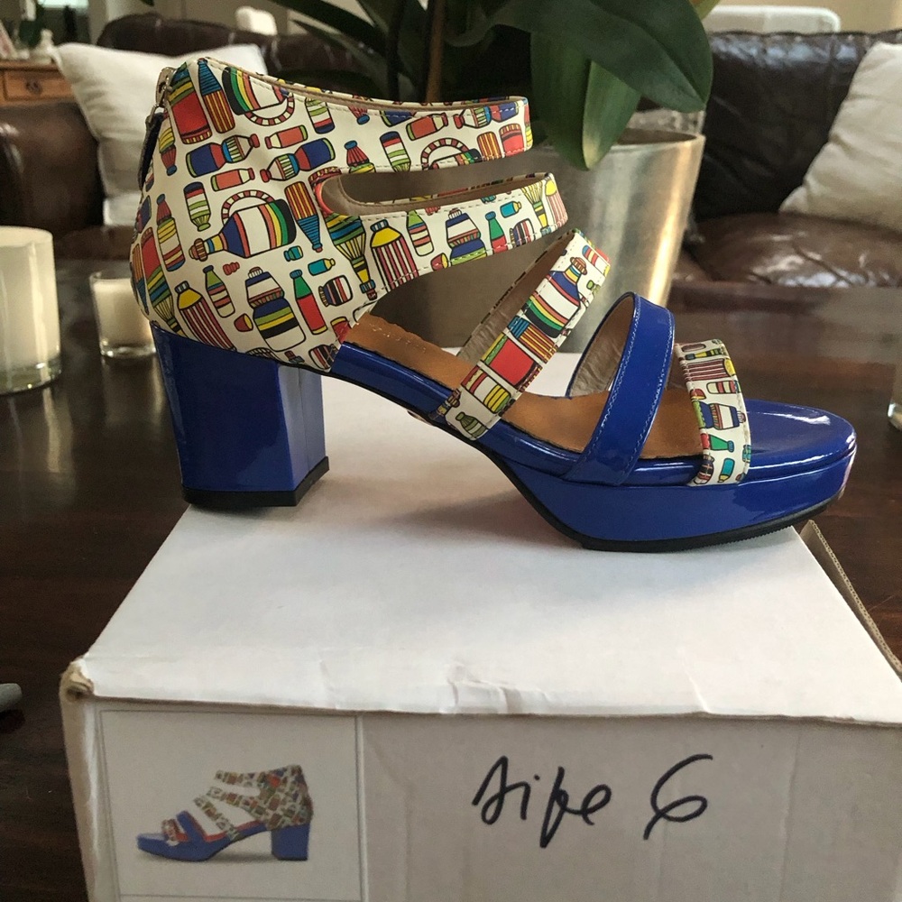 Blue Patent Block Heel Sandal with Colorful Printed Upper - Women Grape Vine